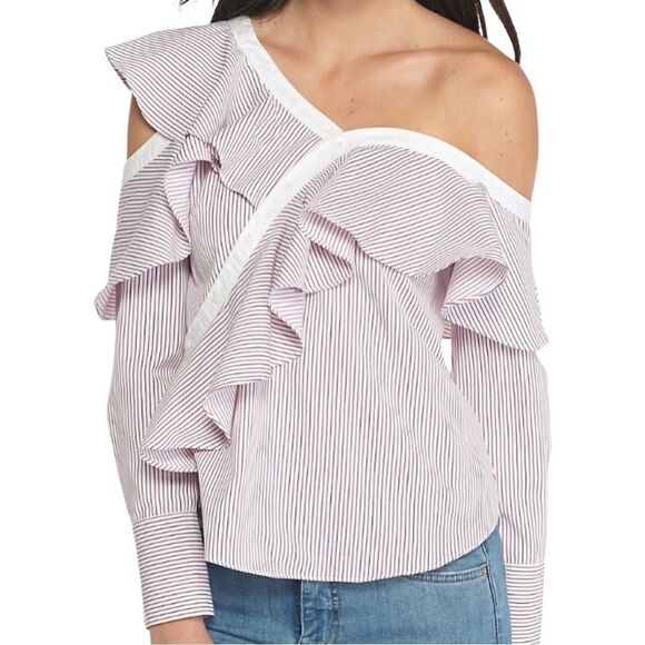 English Factory Tops - English Factory Ruffled Striped Off The Shoulder Top Size Small